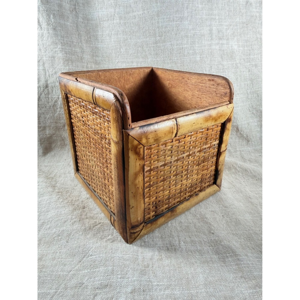 Vintage Woven Rattan Wood Storage Basket Bin Cottage Shelf Organizer
